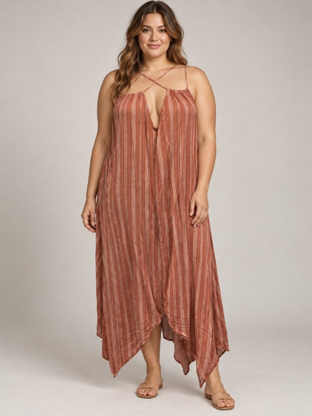 Escape by Blu Pepper L Rust Striped Wide Leg Jumpsuit Boho Handkerchief